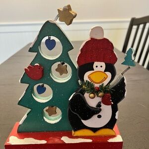 Vintage Penguin Christmas Tree wood carved figure